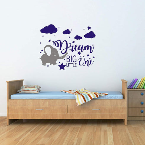 Elephant Nursery Wall Decal, Dream Big Little One Decal, Elephant Sticker, Baby Boy Girls Room Decor, Nursery Decals, Cloud and Star Nursery A42 (...