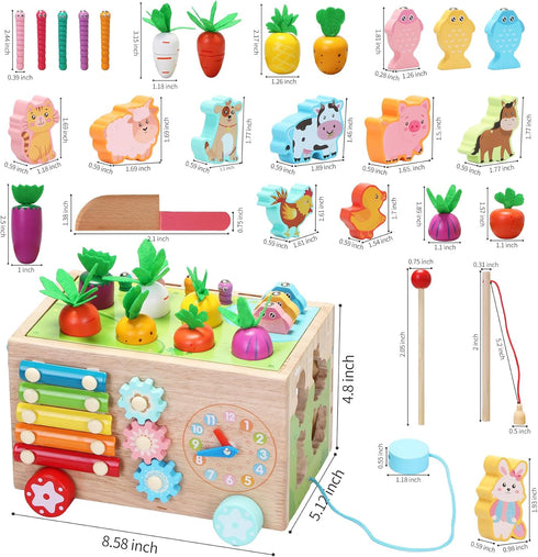 Toddlers Montessori Wooden Educational Toys for 1+, 2, 3, 4, 5 Years Old, 10 in 1 Carrot Pulling Baby Toy for Boys,Girls,Kids with Animal Shape So...