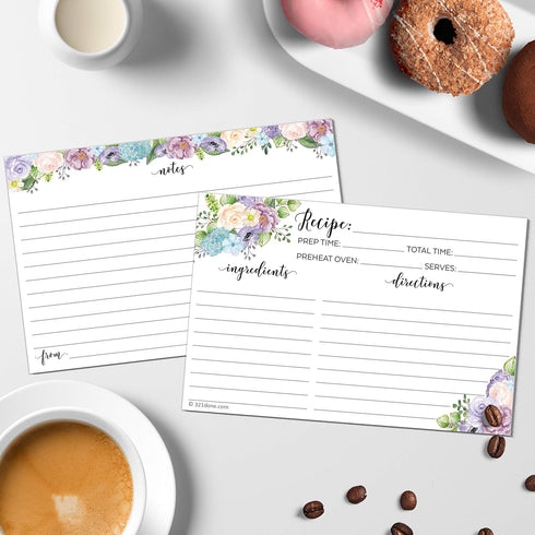 321Done 4" x 6" Floral Recipe Cards (Set of 50) - Thick Double Sided Premium Card Stock - Made in USA - Watercolor Flowers on White, Large Notes F...