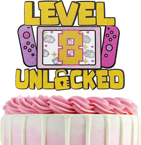 Girls Level 8 Unlocked Cake Topper, Glitter Girls Gaming 8th Birthday Cake Topper, Video Game Theme Party Decoration, Girl Gamer Birthday Favor...