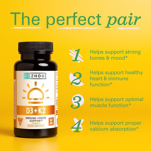 Zhou Nutrition Vitamin D3 K2, Bone and Heart Health Formula 5000 IU Vitamin D3 & 90 mcg Vitamin K2, Max Strength 2 in 1 Immune Support and Calcium...