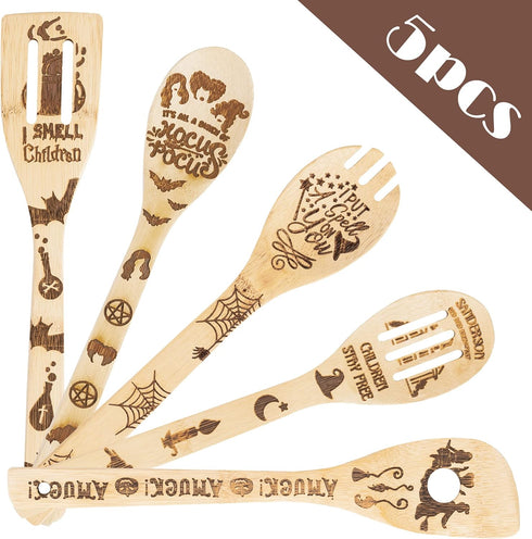 Eartim Hocus Pocus Wooden Cooking Utensil Set - 5Pcs Halloween Kitchen Cooking Gadget Natural Carve Bamboo Spoon Slotted Spatula Non-Stick Cookwar...