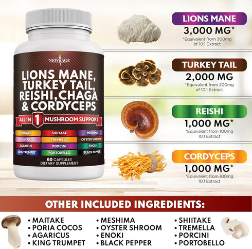 NEW AGE Lions Mane 3000mg 20in1 Mushroom Supplement with Turkey Tail 2000mg Reishi 1000mg Cordyceps Chaga 1000mg with Marshmallow Root...