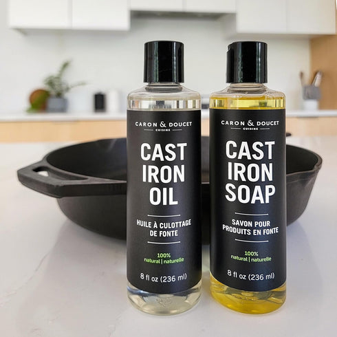 CARON & DOUCET - Cast Iron Cleaning & Conditioning Set: Seasoning Oil & Cleaning Soap | 100% Plant-Based | Best for Washing, Restoring & Seasoning...