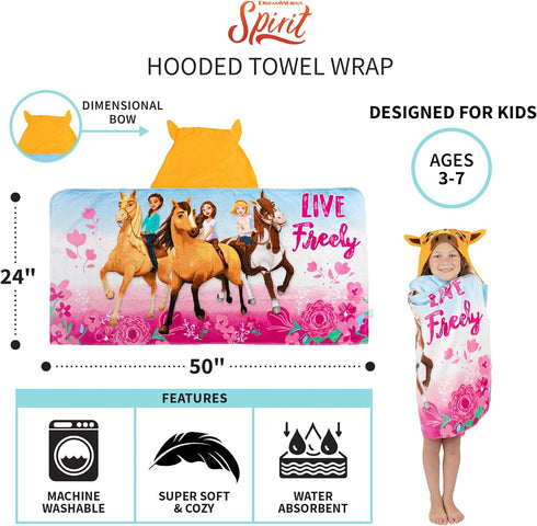 Franco Kids Bath Hooded Towel Wrap, 24 in x 50 in, DreamWorks Spirit...