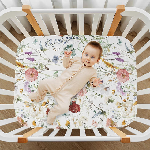 Crib Sheets for Girls Boys Wildflower Boho Baby Sheets for Crib,Neutral Toddler Mini Crib Mattress Sheets Fitted for Nursery Bed 27"x 39"...