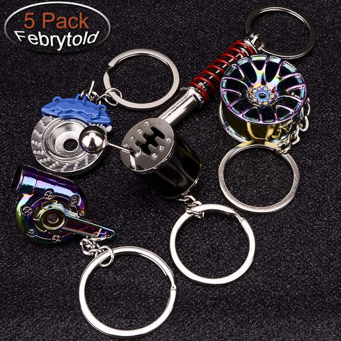 FEBRYTOLD 5 Pcs Car Parts Model Key Chains - Colorful Turbo, Black Manual Gearbox, Tire Rim, Blue Brake Rotor, Red Spring Shock-absorber Keychains...