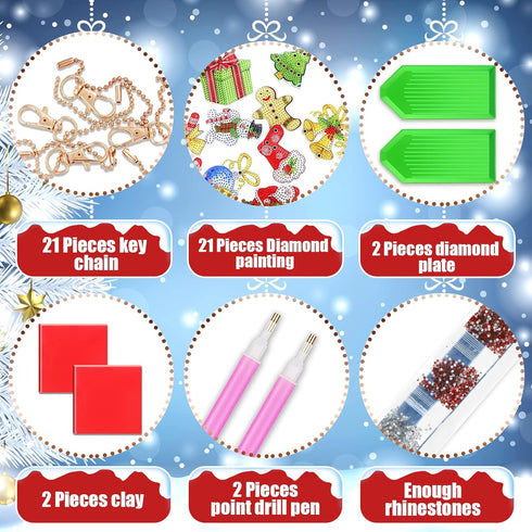 21 Pcs Christmas DIY Diamond Key Chain Ornaments 5D Painting Key Ring Rhinestone Pendant Decorative Hanging Ornament Dot Art Kits Diamond Art Chri...