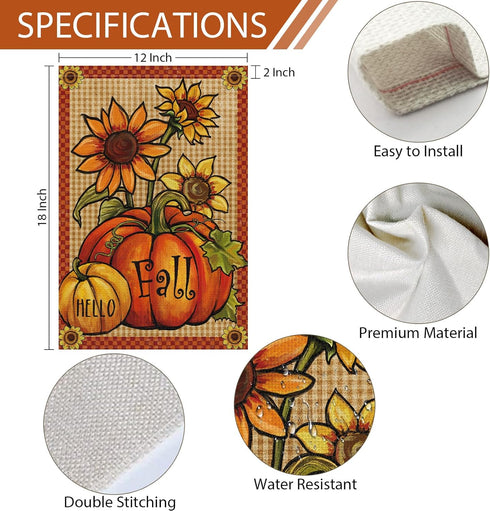 Hello Fall Garden Flag 12 x 18 Inch Vertical Double Sided Burlap, Pumpkin Fall Garden Flags Autunm Sunflower Yard Flag for Seasonal Yard Thanksgiv...