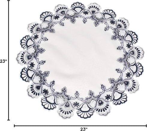 White Navy Blue Jacquard Peacock Tail Lace Doily, Placemat, Table Centerpiece, Table Topper (23 inch Round)...