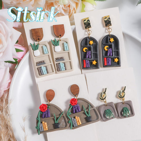 Sitsink Bookshelf Polymer Clay Cutters - 14 Pcs Bookcase Dangle Clay Cutters for Polymer Clay Earrings, Mini Potted Plant Clay Earring Cutters, 3D...