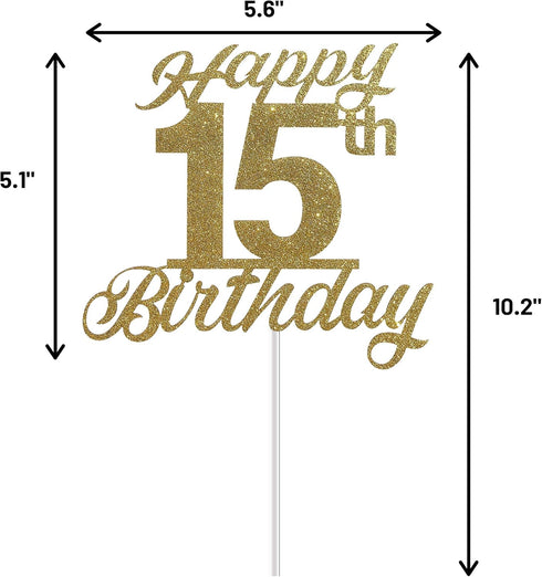 15th Birthday Cake Topper, Birthday Party Decorations with Premium Gold Glitter...