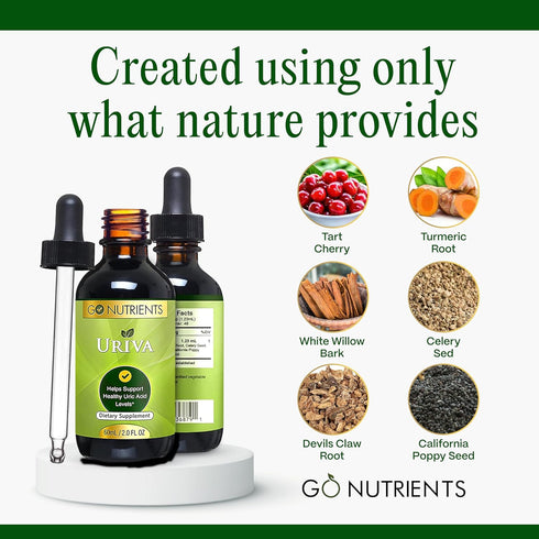 Go Nutrients Uriva - Advanced Uric Acid Flush Cleanse with Tart Cherry Extract Celery Seed, Turmeric & More - High Absorption Liquid Drops Supplem...