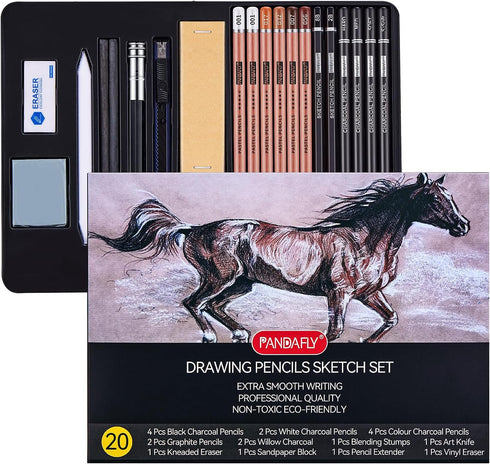 PANDAFLY Professional Colored Charcoal Pencils Drawing Set, 20 Pack Art Pencil Kit - Pastel Chalk Pencils, Black & White Charcoal Pencils, Graphit...