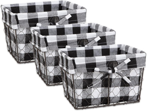 DII Farmhouse Chicken Wire Storage Baskets with Liner, Small, Vintage Black & White Check, 9x7x6", 3 Piece...