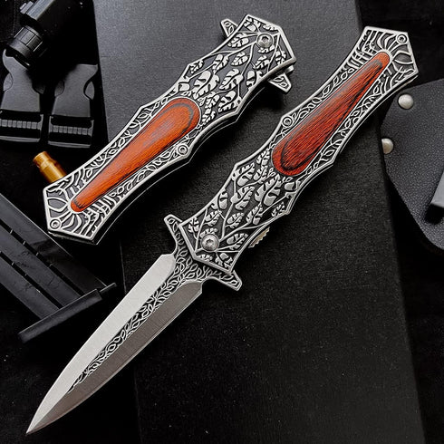 Leaf Patterned Wood Handle Japanese Pocket Knife with Clip, 8.9" Tactical Survival Folding Knife for Outdoor Camping, Hunting, EDC, Fishing, Gifts...