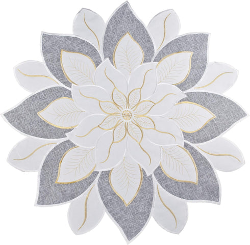 Embroidered Holiday Christmas White and Gold Star Poinsettia Doily Place Mat Small Table Topper (23 Inch Round)...