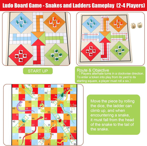 2 in 1 Snakes and Ladders, Ludo Game Set, 12 x 12 Inch Ludo Board Game 2-4 Players Family Dice Games Set Classic Double Sided Game Board for Adult...