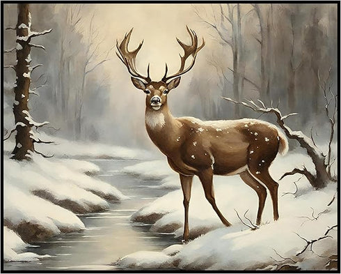 Posterizer 1 pcs-majestic deer in snowy winter scene-oil painting style-7-Art for Animal Lovers-Landscape & Nature Art-Decor for Home & Office- un...