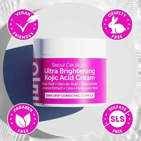 SeoulCeuticals Korean Kojic Acid Cream Dark Spot Remover + Glycolic Acid + Niacinamide + Cica + HA Moisturizer - Cruelty Free K Beauty Skincare 2o...