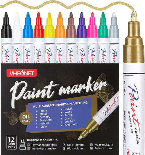 Paint Pens Markers Never Fade Quick Dry and Permanent, 12 Color Oil-Based Waterproof Paint Marker Pen Set for Rocks Painting, Stone, Wood, Fabric,...