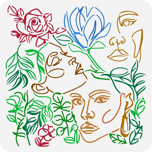 FINGERINSPIRE Woman Face Stencil 11.8x11.8inch Line Art Beautiful Woman Face Drawing Template Beauty Girl Rose Magnolia Pattern Decoration Stencil...