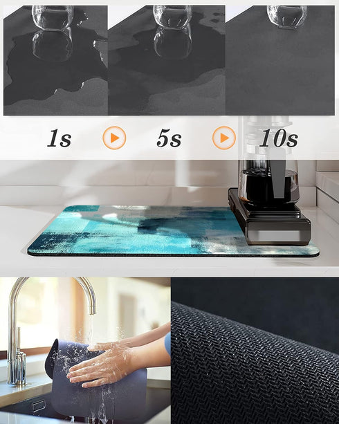 Coffee Bar Mat Accessories for Countertop Turquoise Abstract Art Absorbent Hide Stain Rubber Backed Dish Drying Mats for Kitchen Counter Draining ...