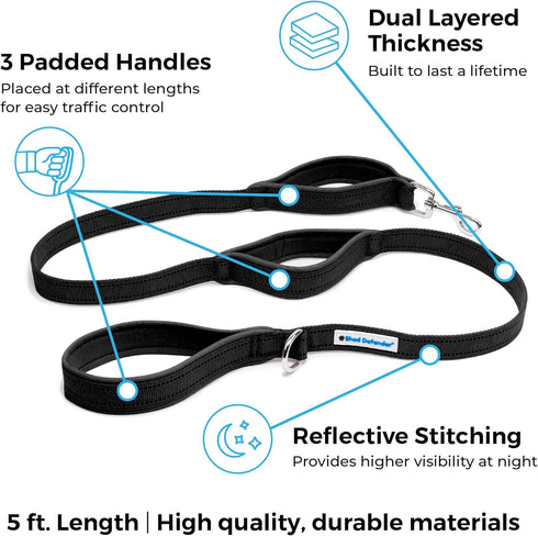 Shed Defender 5 ft. Standard Dog Leash - Three Padded Traffic Handles, Designed in The USA, Dual Layered Thickness Heavy Duty, Reflective Stitchin...