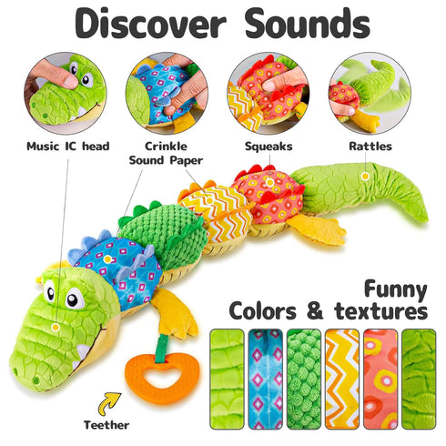 Infant Baby Musical Stuffed Animal Activity Soft Toys with Teether, Multi-Sensory Crinkle, Rattle and Textures, for Tummy Time Newborn 0-3-6-12 Mo...