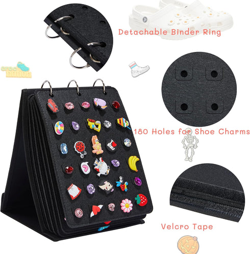 Shoe Charms Organizer Compatible with Croc Charms Holder with 6 Pages, Shoe Charms Holder with 180 Holes for Croc Charms Holder Display in Travel ...