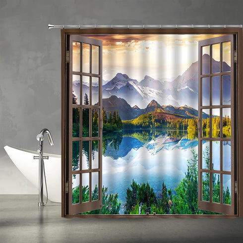 AMFD Mountain Shower Curtain Nature Lake Forest Scenery Wilderness Sunrise Landscape Through Brown Window Picture Art Print Fabric Bathroom Decor ...