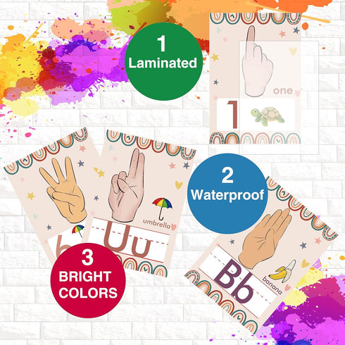 YIYDONG 36 Pieces ASL Alphabet Line Bulletin Board Set ABC Number Sign Language Flash Cards Wall Decorations for Pre-School Kindergarten Elementar...