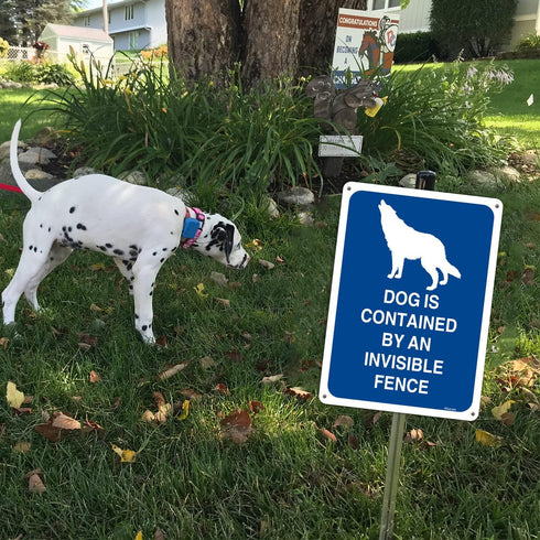 Dogs Contained by Invisible Fence Signs 10" x 7" Beware Of Dog Signs Dog Warning Signs Metal Reflective Rust Free Aluminum UV Protected Waterproof...