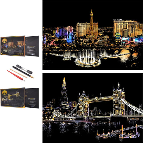 Scratch Painting Rainbow Paper by BOTEEN, Sketch DIY Art Craft City Series Night View Creative Gift, Scratchboard for Adults and Kids ,Craft Kits ...