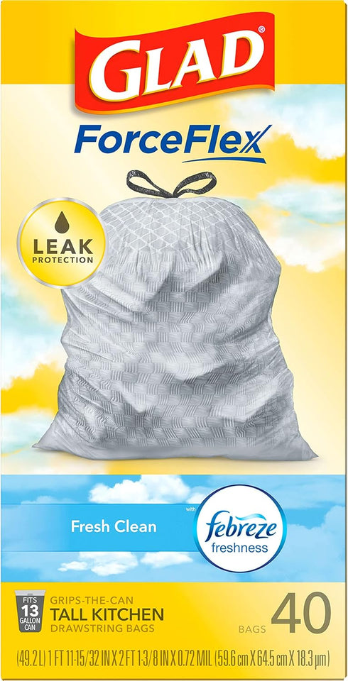 Glad Trash Bags, ForceFlex Tall Kitchen Drawstring Garbage Bags, Fresh Clean, 13 Gal, 40 Ct (Package May Vary)...