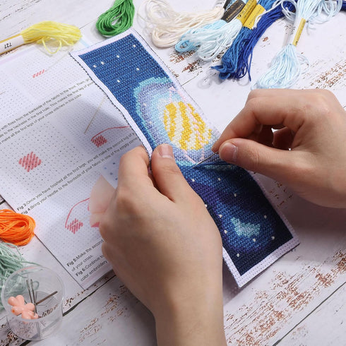 ORIGACH 6 Set Cross Stitch Bookmark Kit for Beginner Starry Sky Pattern DIY Stamped Embroidery Bookmark Kit with 20 Colors Embroidery Floss Instru...