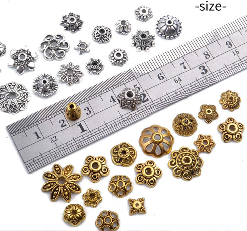 100g (200-350pcs) Mixed Metal Flower Bead Caps Spacer Beads Bali Style Jewelry Findings for DIY Crafting Jewelry Making, Antique Gold and Antique ...