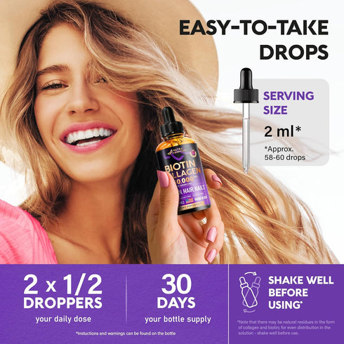 Liquid Biotin & Collagen - Vitamins for Hair Growth Support for Women & Men - Extra Strength 60000 mcg Drops - B7 Supplement - Strong Nails & Heal...