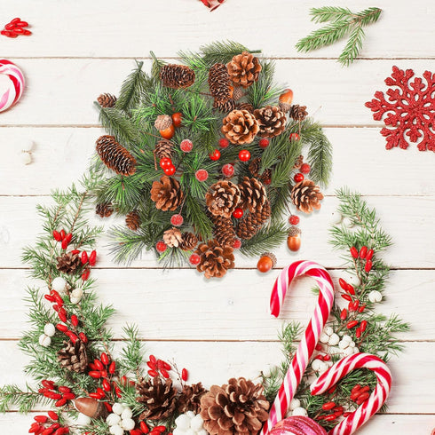 180 Pcs Christmas Pine Cones Holly Berry Craft Pine Branch Set Christmas Potpourri Bowl Filler Vase Filler Wreath Decorations Frost Berry Assorted...