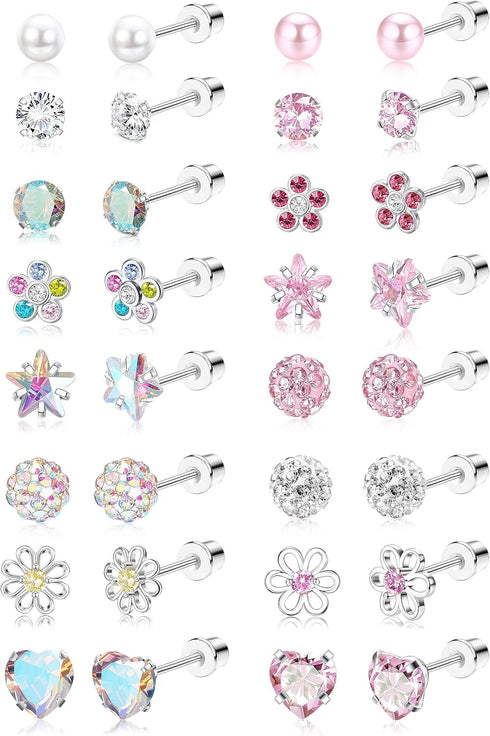 THUNARAZ 16 Pairs Hypoallergenic Screw Back Earrings for Women Girls Surgical Steel Tiny CZ Pearl Ball Heart Flower Screwback Flat Back Stud Earri...