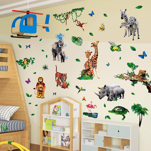 Amaonm Creative Giant Removable Cartoon Zoo Wild Jungle Animals 3D DIY Lion Giraffe Elephant Tree Wall Decals Nursery Decor for Kids Bedroom Livin...
