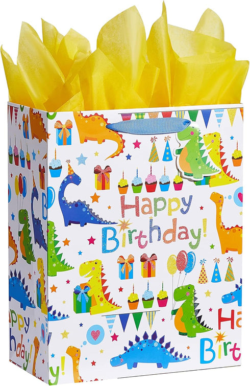 Bobobag 13" Large Gift Bag with Tissue Paper for kids Birthday gift bags (Dinosaur)...
