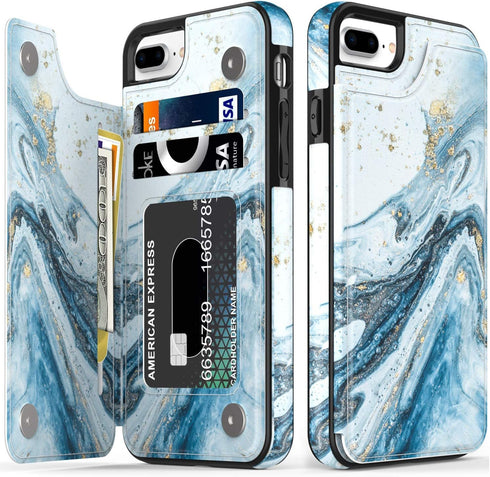 LETO for iPhone 8 Plus Case,iPhone 7 Plus Case,Flip Folio Leather Wallet Case Cover with Opal Blue Marble Designs for Girls Women,Card Slots,Prote...