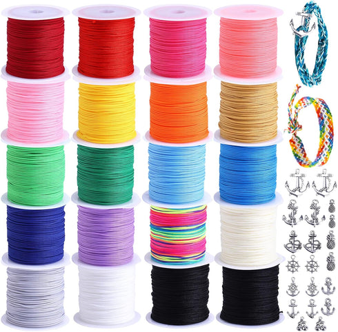 Nylon String for Bracelets, 20 Rolls Chinese Knotting Cord 0.7mm Kumihimo Friendship Bracelet String Making Kit Beading Thread for Jewelry Making,...