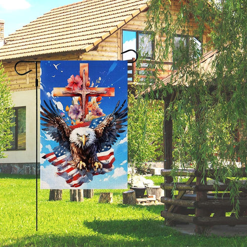 4th of July Patriotic Garden Flag Cross and Eagle Double Sided American Flag Memorial Independence Day Outside Small Yard Decoration (12 x 18 Inch...