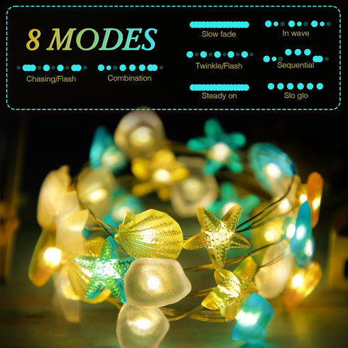 1 Pcs Ocean Beach Themed Sea Life Cute Fairy Decorative String Lights 10 FT 30 LEDs, 8 Light Modes Battery Operated, Starfish and Seashell Design ...