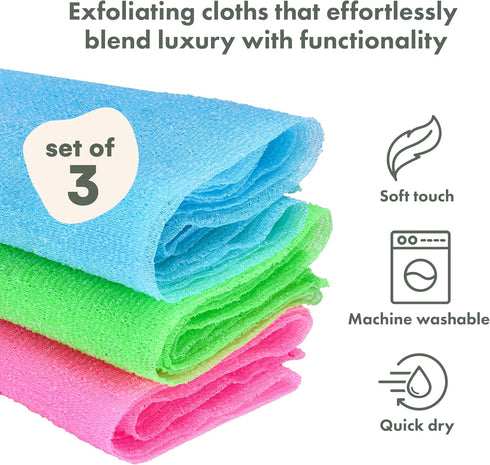 TranquilBeauty Exfoliating Towel Set of 3 - Soft, Quick-Dry Scrub Towels for Body (Not for Face) | Deep Cleanse | Machine Washable | Korean Exfoli...