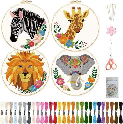 ORIGACH 4 Pcs Wild Animal Embroidery Starters Kit for Beginners, Zebra Lion Elephant Giraffe Embroidery Stitch Practice kit Include Embroidery Clo...