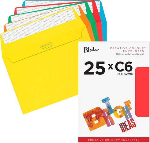 Blake Creative Colour C6 114 x 162 mm 120 GSM Peel & Seal Wallet Envelopes (15123) Assorted Bright Colours - Pack of 25...