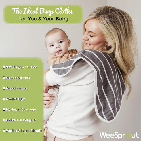 WeeSprout Unisex Organic Towel Cotton Burp Cloths, Set of 4, Four Ultra-Absorbent Layers Keep Clothes Dry, Button Transforms into Baby Bib, Machin...